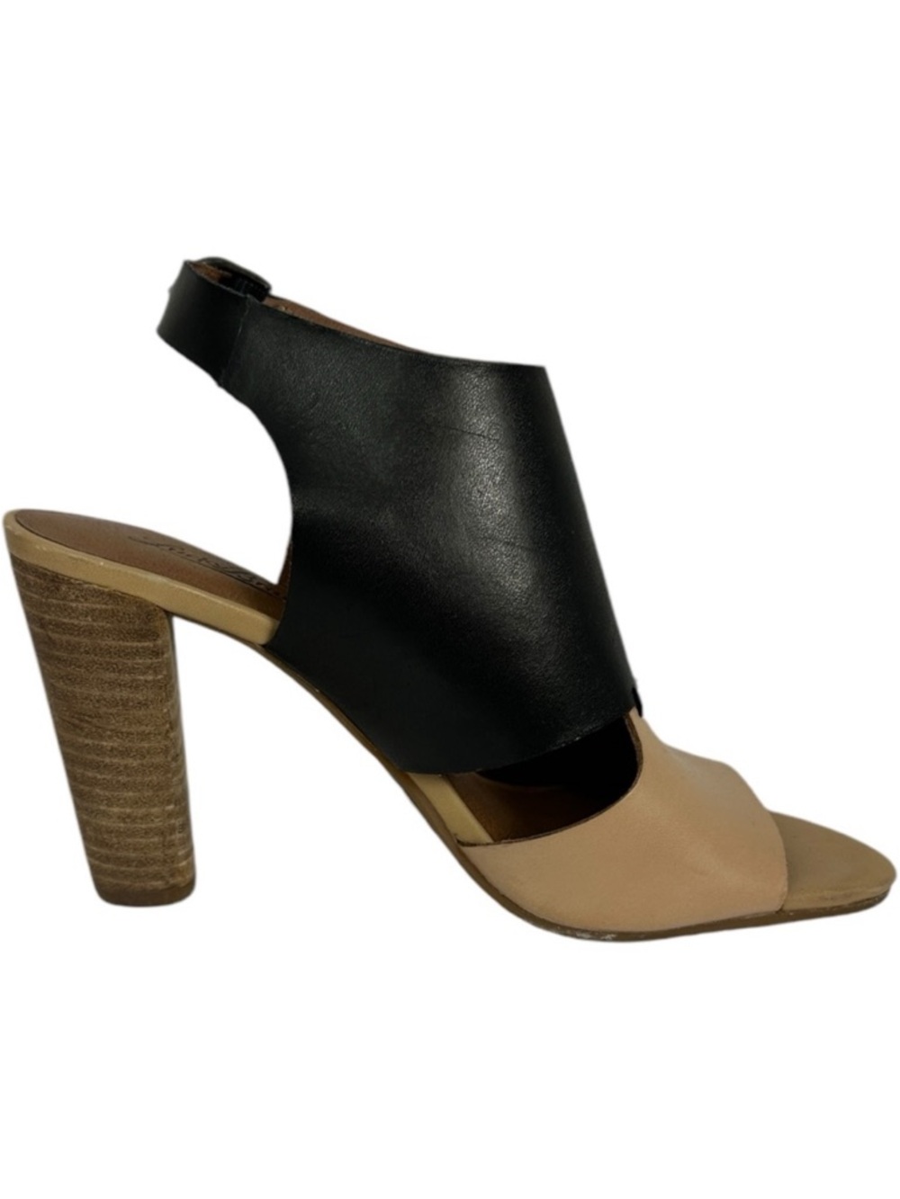 Lucky Brand Otta Leather Black Tan Heeled Sling Back Block Heel Shoes Size 7.5